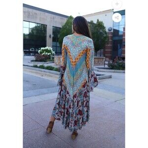 Umgee Teal Multicolor Boho Print Maxi Kimono